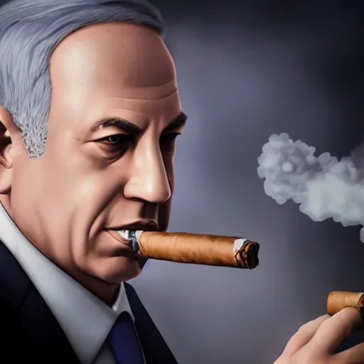 Image similar to a portrait of benjamin netanyahu as an advanced cyborg smoking a cigar, smoke in background, grainy, dramatic lighting, octane render, neutral colors, sharp, 4 k