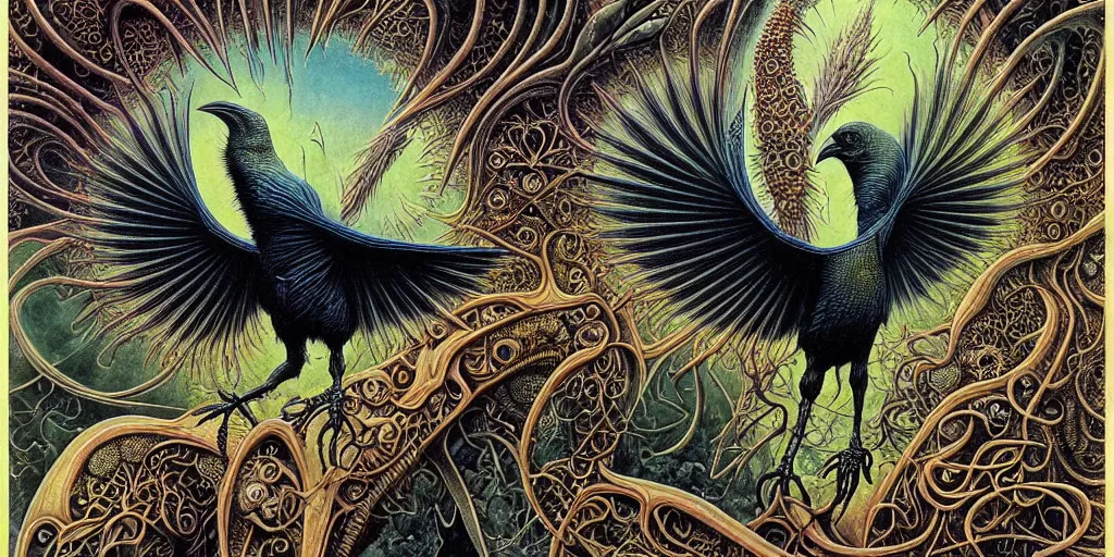 Prompt: artistic drawing of a crow, made of engrenage, surrealism by roger dean and andrew ferez, art forms of nature by ernst haeckel, divine chaos engine, symbolist, visionary, art nouveau, botanical fractal structures, organic, detailed, realistic, surreality