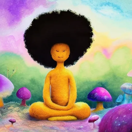 Prompt: a black girl with a colorful afro and big beautiful eyes meditating in a mushroom garden, bokeh, bright colours, watercolor, volumetric wool felting, macro photography, children illustration, by goro fujita