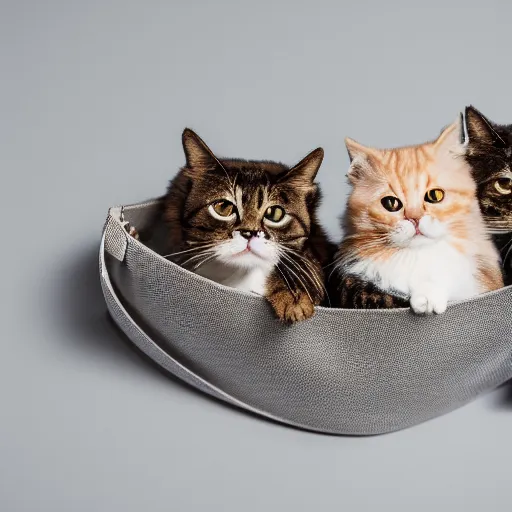 Image similar to a highly detailed photo of multiple furry cats, they are inside a big bag, gray background, studio lighting, 4 k, 8 k