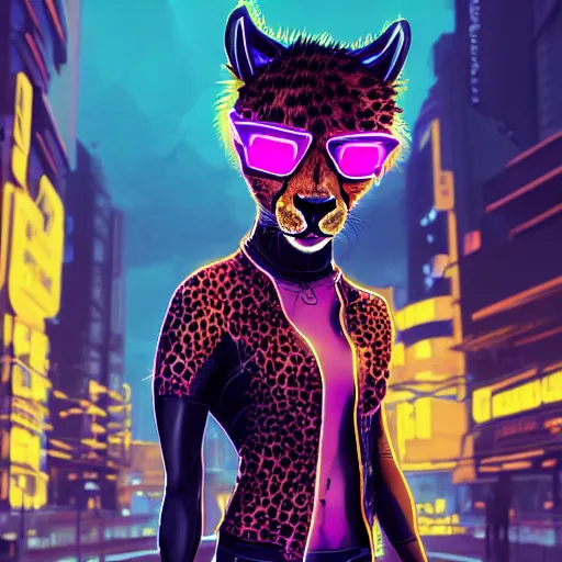 Image similar to a beautiful commission of an anthropomorphic cheetah wearing a neon jacket with mohawk hair,standing on the street,futuristic,detailed face,character design by charles bowater,mohawk,cyberpunk style,deviantart,artstation,art by greg rutkowski,ross tran,professional lighting,neon city,night,raytracing,rtx