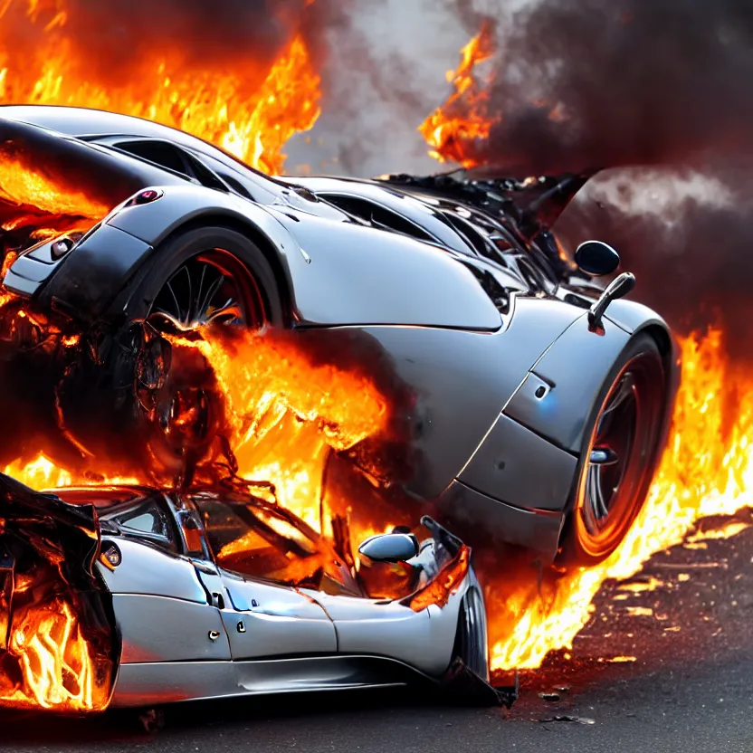 Image similar to close - up of a chrome pagani huayra on fire after a big crash, 8 k, highly detailed, realistic