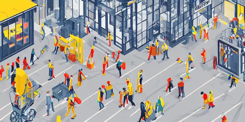 Image similar to workers going about their day in the year 2060 by Alex Heywood, beautiful detailed photorealistic modern digital illustration, deep emotional bright colors