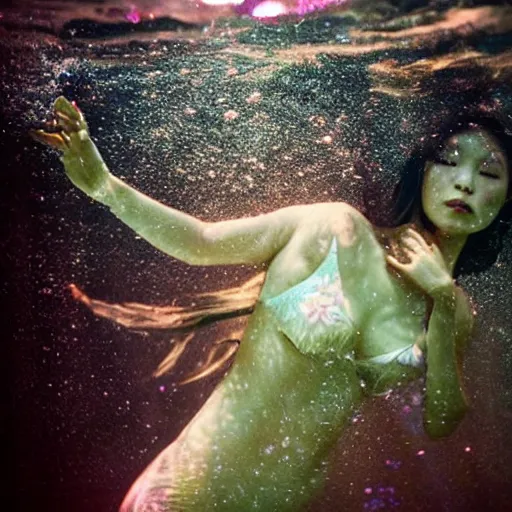 Prompt: beautiful japanese mermaid in emotional movement, underwater photography and light scattering, water refractions turned out impressive imho,
