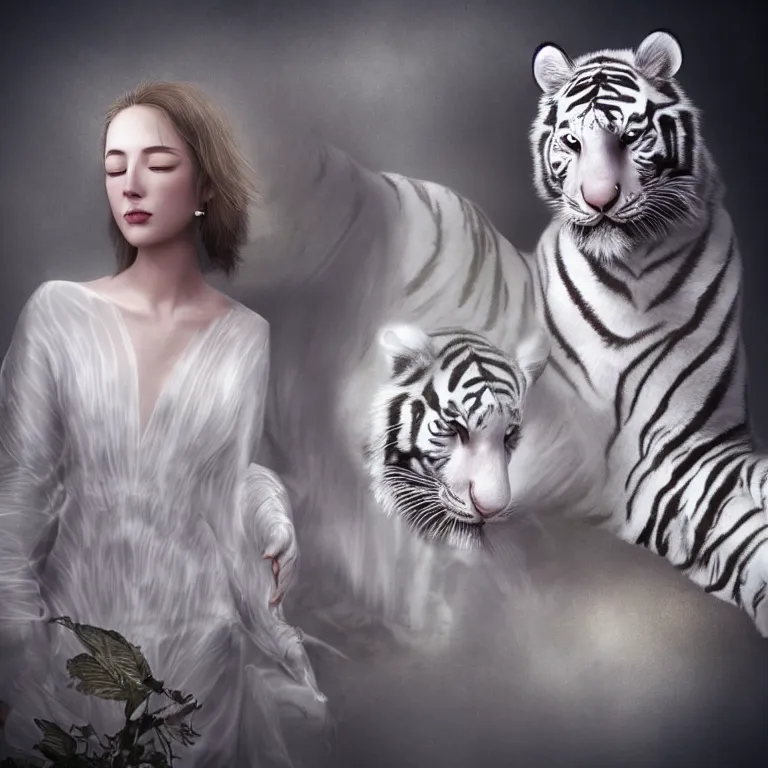 Image similar to hight focus of a wonderful realistic focused sweet wonderful symmetrical mid portrait of a lonely woman with a detailed majestic, large, semi transparent cream cotton dress who is wrestling with a realistic white tiger, dramatic light, octane render - 8 k