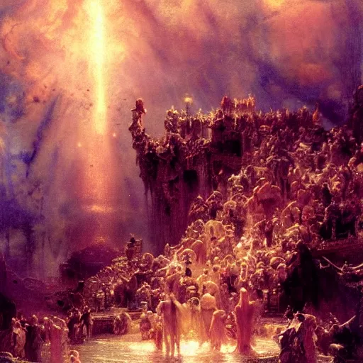 Image similar to alvah angelrune water portal to hell located in heaven, crowd of people, rule of thirds, 4 k, dark bright effect, highly detailed painting by gaston bussiere, craig mullins, j. c. leyendecker