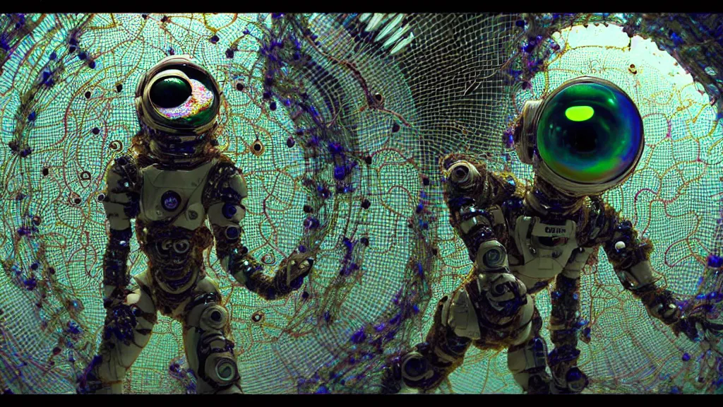 Image similar to a cybernetic symbiosis of a single astronaut mech-organic eva suit made of pearlescent wearing knitted shiny ceramic multi colored yarn thread infected with diamond 3d fractal lace iridescent bubble 3d skin dotted covered with orb stalks of insectoid compound eye camera lenses floats through the living room, film still from the movie directed by Denis Villeneuve with art direction by Salvador Dalí, wide lens,kevlar,carbon fiber,ceramics,gaseous materials,