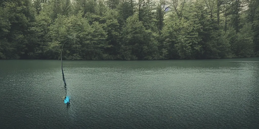 Image similar to centered photograph of a long rope snaking directly on the surface of the water, rope center of the lake, a dark lake on a cloudy day, color film, trees in the background, anamorphic lens