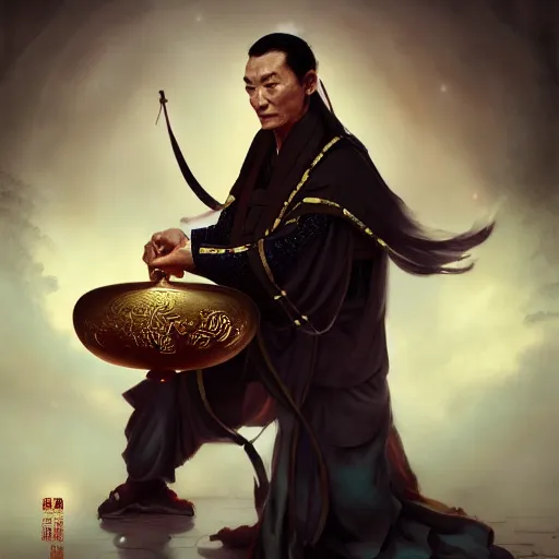 Image similar to a chinese taoist priest, like andy lau, immortal taoist bones, affable ， style of tom bagshaw, cedric peyravernay, peter mohrbacher, victo nga, 4 k hd illustrative wallpaper, animation style, chinese style