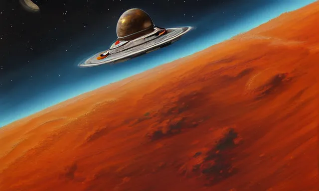 Prompt: a realistic painting of a spaceship in the orbit of mars by john jude palencar
