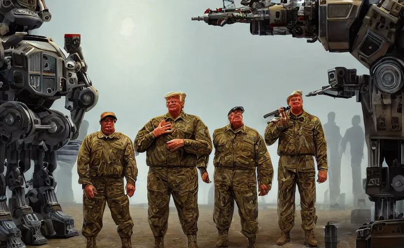 Image similar to american rednecks hail the invasion of gigantic human - like robots created by trump, artstation hq, stylized, symmetry, modeled lighting, expressive, studio photo refined, highly detailed, hyper realistic, top secret photos from military archive