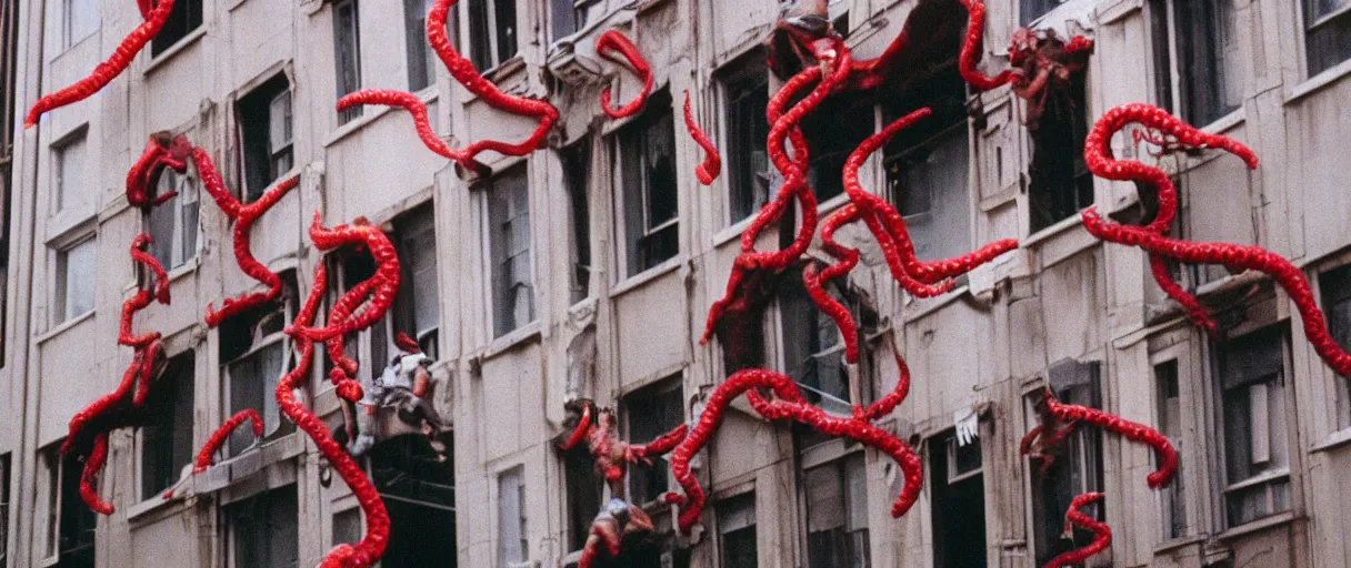 Image similar to filmic extreme close up shot 3 5 mm film color photograph of a family jumping bloody pants off a building laughing with tentacle arms happy, only color results