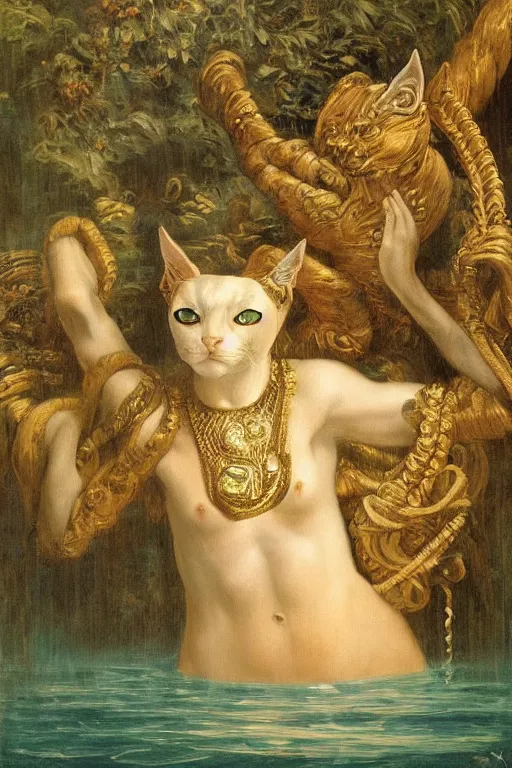 Image similar to Baroque painting of Bastet in a lake, inspired by Gustav Moreau and Wayne Barlowe, exquisite detail, hyper realism, ornate, exquisite detail, cute face