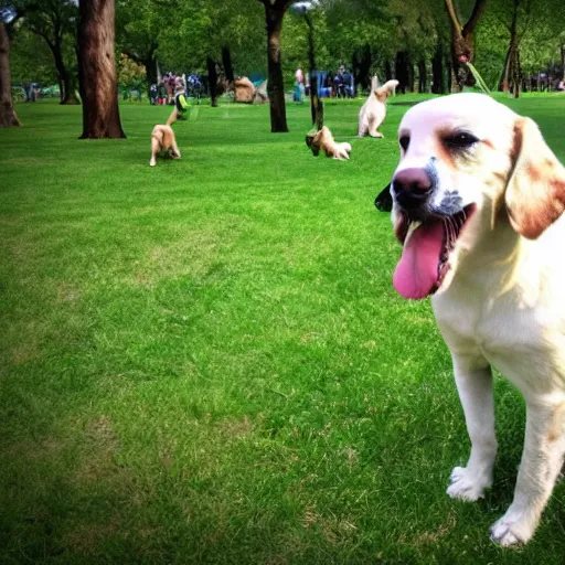 Prompt: doggos becoming a tree in the park, funny, photorealistic