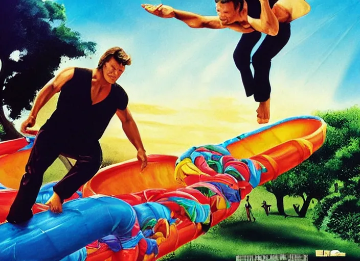 Prompt: Patrick Swayze, Ghanaian movie poster, romantic comedy, waterslide, Ninjas, highly detailed, HD, realism