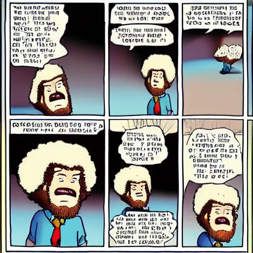 Image similar to angry screaming bob ross cartoon strip