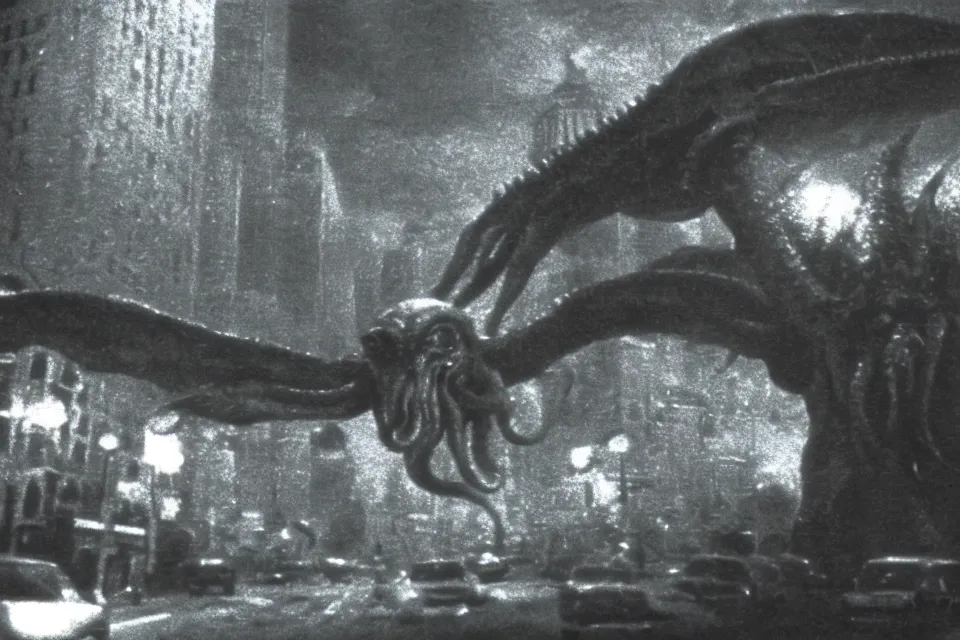 Image similar to still image taken from sci fi horror movie of a cthulhu attacking a city. low camera angle. 1 9 8 0 s polaroid photo - journalism flash photography.