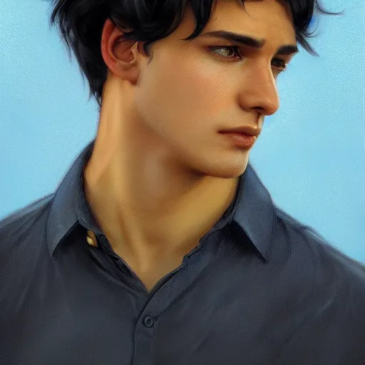 Image similar to ultra realistic illustration, a young man with black hair, in a checkered yellow shirt, with blue eyes, highly detailed, digital painting, artstation, concept art, smooth, sharp focus, illustration, art by artgerm and greg rutkowski and alphonse mucha