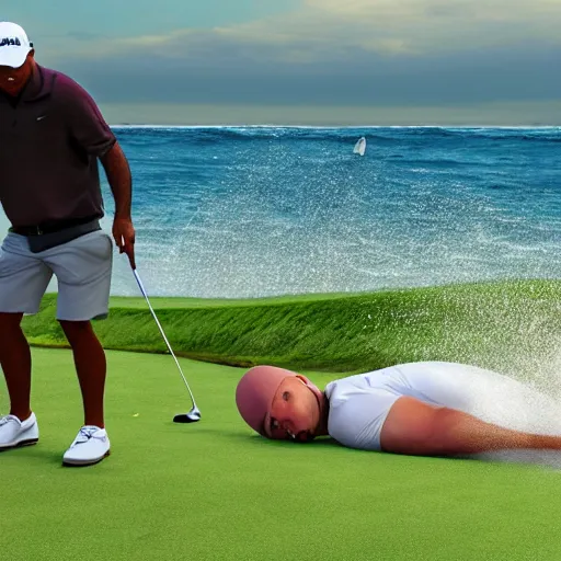 Image similar to highly detailed winning photo of a midget golfer riding a beached whale. the crowd is cheering him as tiger woods looks on in defeat. highly detailed render, photorealistic, photography