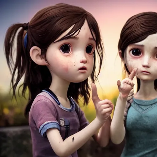 Prompt: Extremely cute and adorable 8k HD key visual of Ellie (The Last of Us) and Marinette Dupain-Cheng posing for the camera making a peace sign with their fingers, official media, designed by Mark Ryden and artgerm and Margaret Keane. The art style is quite chibi, with large heads and big wide eyes. 3D render diorama Macro photography