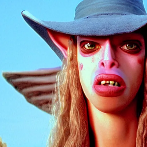 Image similar to film still of jar jar binks as a female cowgirl, long eyeslashes, big juicy lips, big seductive eyes