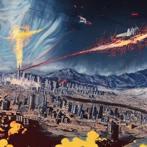 Image similar to a full - metal irisdiscent hindenburg accident, santiago of chile skyline, andes, the city is on pixeled fire from a fragmented wired reality, game poster by yoji shinkawa, esao andrews, yoshitaka amano and ryuichi sakamoto