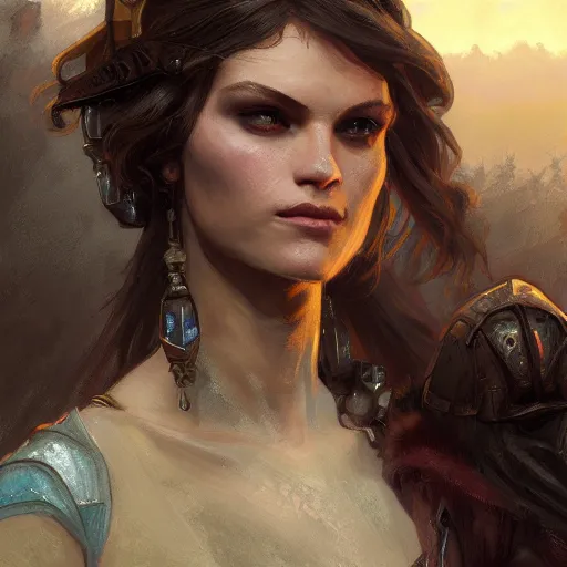 Prompt: closeup portrait of a dungeons and dragons character, dramatic lighting, castle background, gorgeous view, realistic, high detail, depth of field, atmospheric, digital art, painted by greg rutkowski, painted by jeremy mann, painted by alphonse mucha, trending on artstation