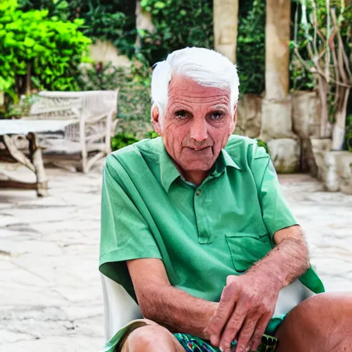 Prompt: mid white hair old man tanned skin with green shirt and white short, sitting in ile de re house garden