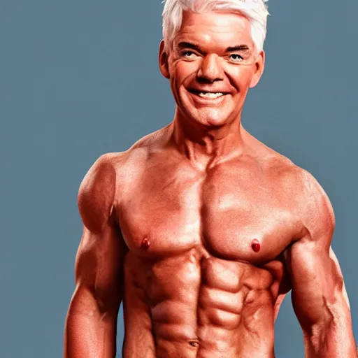 Image similar to Phillip schofield with the physique of a body builder, realistic, highly detailed, 4k, eye contact, digital painting,