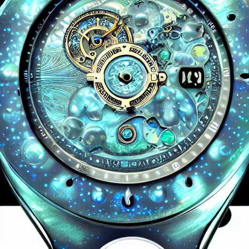 Image similar to detailed illustration of celestial watch from the far future with 3 7 descending dials and multiple glowing watch faces, mother of pearl opal blue eye, year 2 5 0 0, style of norman rockwell