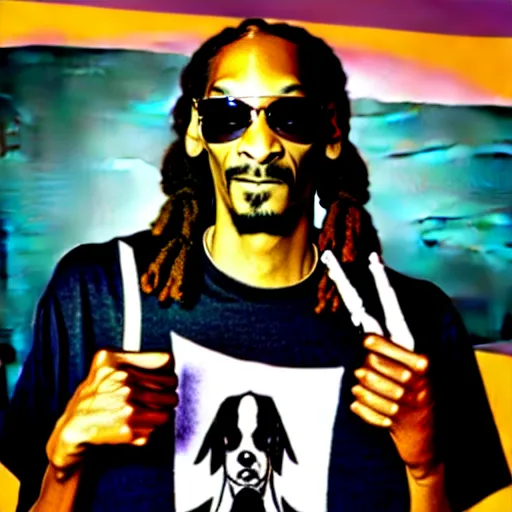 Image similar to Snoop Dog with big eyes eye color red , smiling and holding a joint in his hand