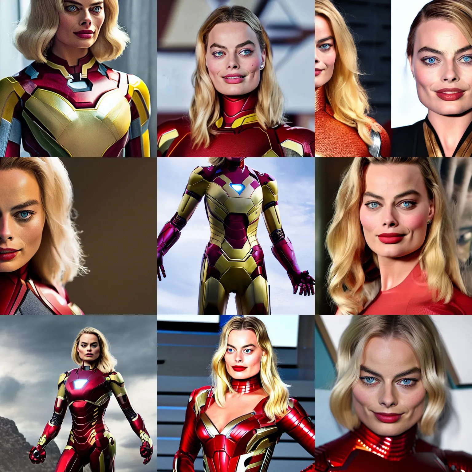 Prompt: margot robbie wearing an iron-man costume, detailed face, photorealistic, cinematic