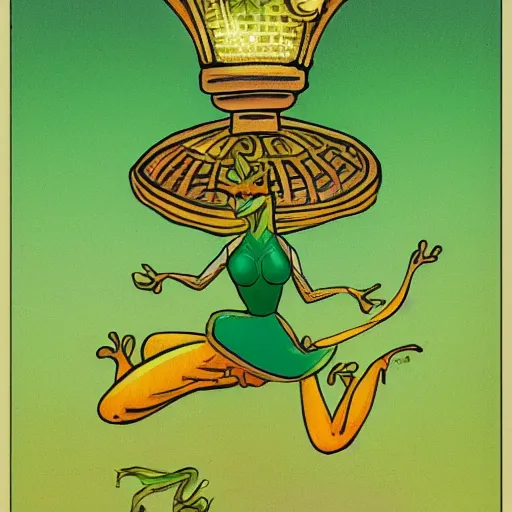 Image similar to a green frog-like genie woman rising out of a lamp, fantasy illustration