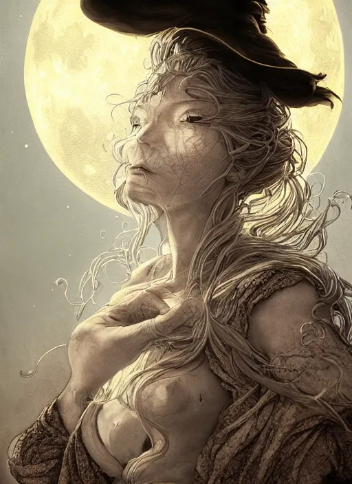 Image similar to golden moon at background, creative!!! composition for a book cover, absurdly beautiful, ultrafine hyperrealistic detailed old witch face by wlop and artgerm and greg rutkowski, intricate linework, sharp focus, smooth, octopath traveler, final fantasy, unreal engine, dramatic lighting, ethereal, 8 k