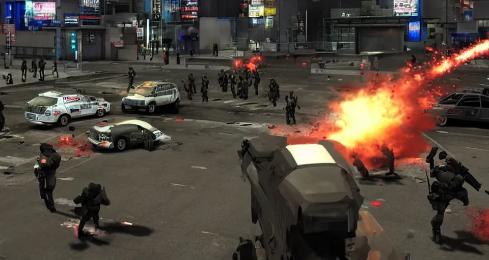 Prompt: 2011 Video Game Screenshot of Neo-tokyo Cyborg bank robbers vs police, Set in Tokyo Bank Parking Lot, Dark, Multiplayer set-piece Ambush, Tactical Squads :10, Police officers under heavy fire, Suppressive fire, Pinned down, Destructible Environments, Gunshots, Headshot, Bullet Holes and Anime Blood Splatter, :10 Gas Grenades, Riot Shields, MP5, AK45, MP7, P90, Chaos, Anime Machine Gun Fire, Gunplay, Shootout, :14 FLCL + Akira, Cel-Shaded:17, Created by Katsuhiro Otomo + Arc System Works + miHoYo: 20