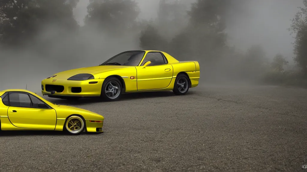 Image similar to 1 9 9 8 mazda rx 7 coupe yellow aero kit, cinematic, long exposure, white balance, 8 k, led, lumen global illumination, fog, ray tracing reflections