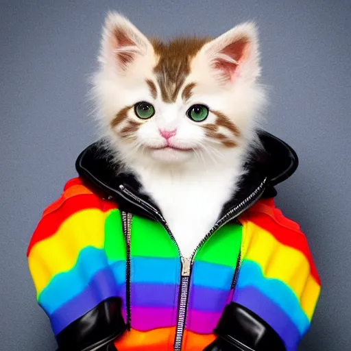 Image similar to wide angle full body, jacket wearing fluffy cute rainbow kitten wearing a black leather motorcycle jacket, cinematic concept art