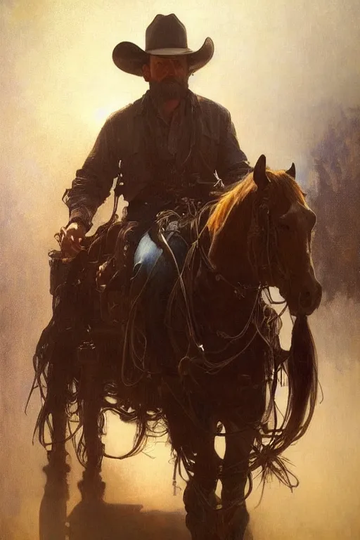 Image similar to hyperrealist portrait of a cowboy driving a stage coach by jeremy mann and alphonse mucha, fantasy art, photo realistic, dynamic lighting, artstation, poster, volumetric lighting, very detailed faces, 4 k, award winning