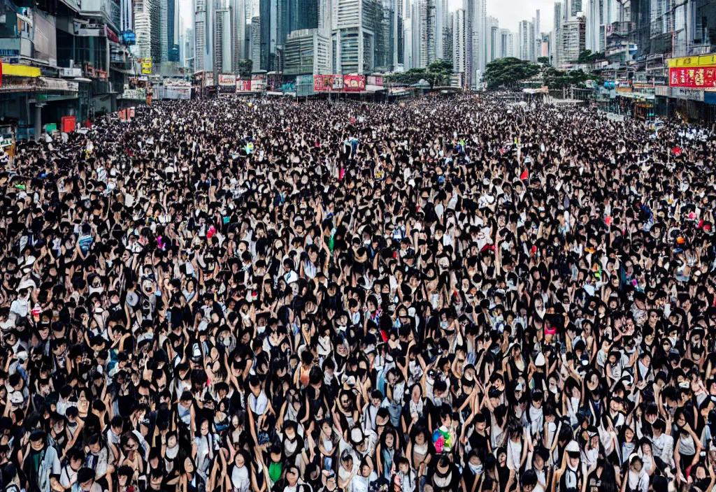 Image similar to fashion editorial in hong kong riot. wide angle shot. highly detailed.