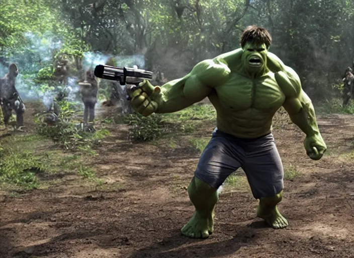 Image similar to film still of hulk playing paintball in the new avengers movie, 4 k