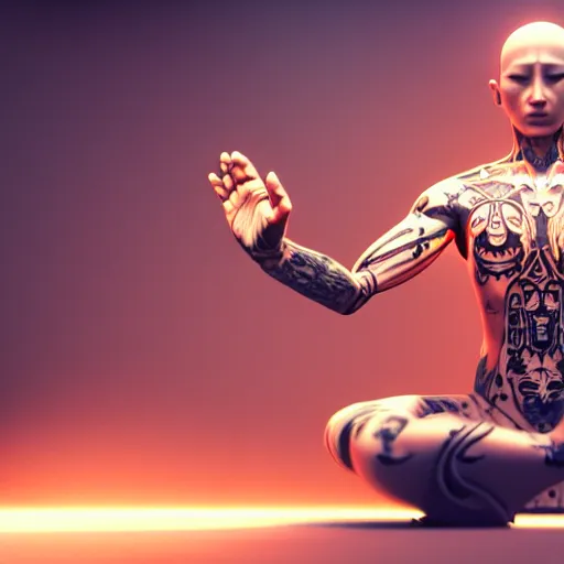 Image similar to an cybernetic monk praying with hands above head, monk robe and tattoos, octane render, unreal engine, 8 k, cinematic, artwork by ilya kuvshinov