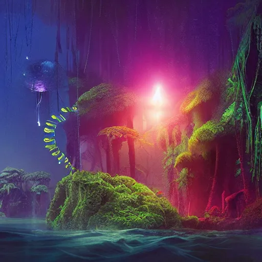 Image similar to floating luminescent jellyfish in an alien nocturnal jungle, matte painting, landscape, mysterious