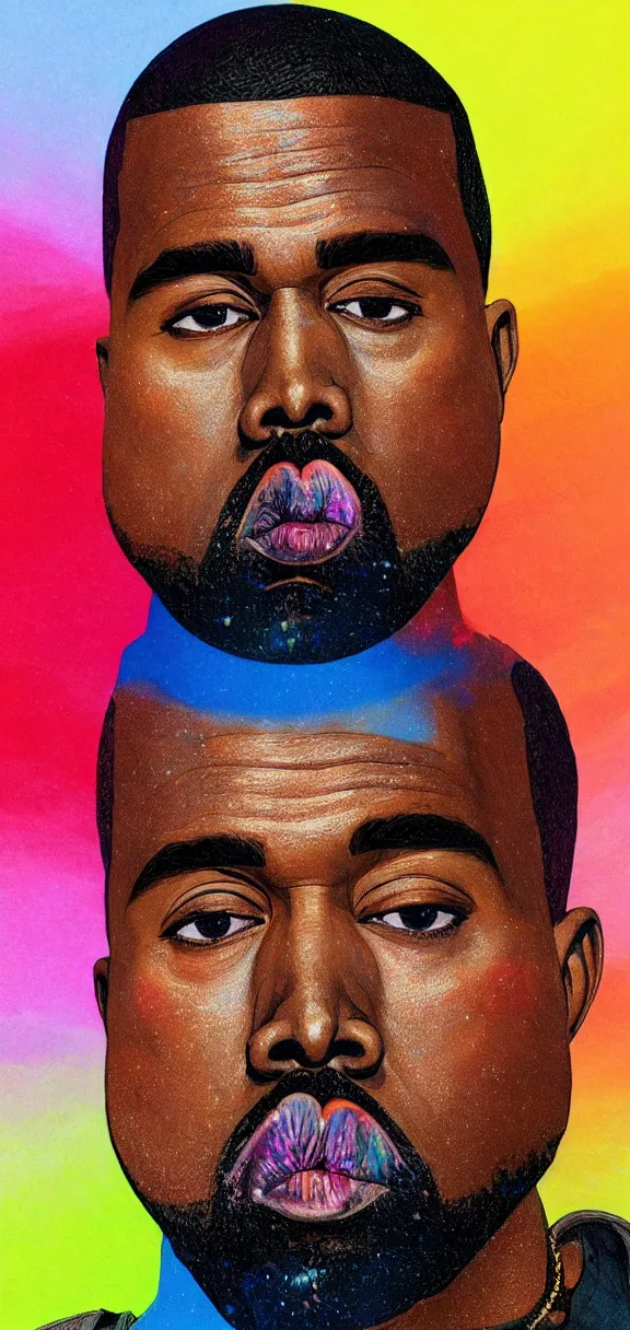 Image similar to photo of 8k ultra realistic Kanye’s mouth filled with multi color crayons, clear sky, full of colour, cinematic lighting, battered, trending on artstation, 4k, hyperrealistic, focused, extreme details,unreal engine 5, cinematic, masterpiece, art by John Berkey