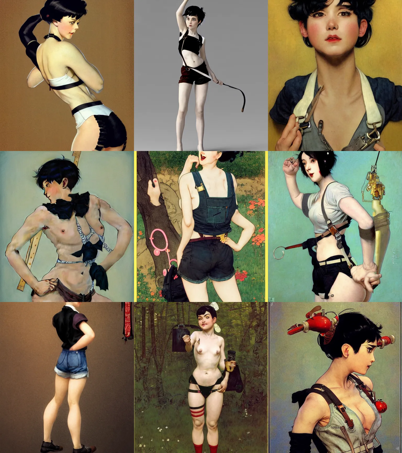 Prompt: a girl with black hair pixie cut in shorts with suspenders drawn by toshiaki mori, norman rockwell, frank frazetta, peter paul rubens, alphonse mucha, gustav klimt 4k, unreal 5, DAZ, trending on artstation, octane render, hyperrealistic