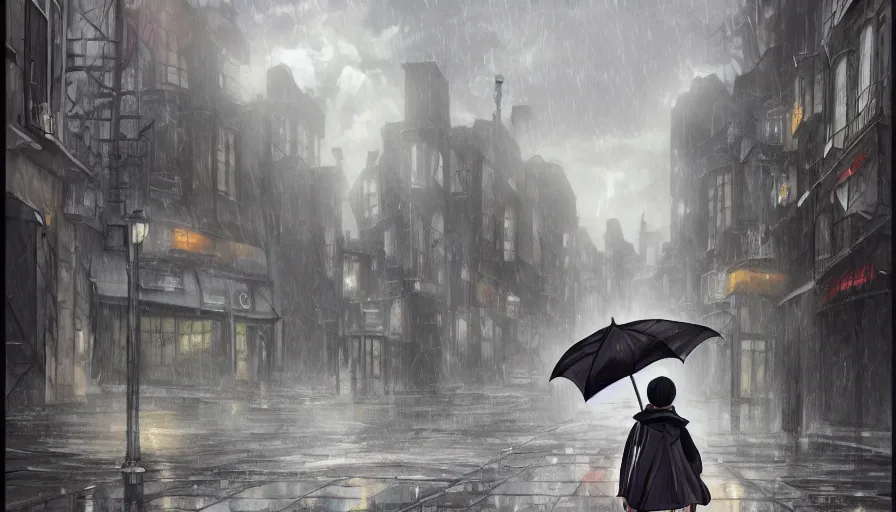 Image similar to detailed anime art. hooded boy holding an umbrella, walking through a ( rainy ) street. ( ruined ) buildings in the background. ( cinematic detailing ) ( anime art )