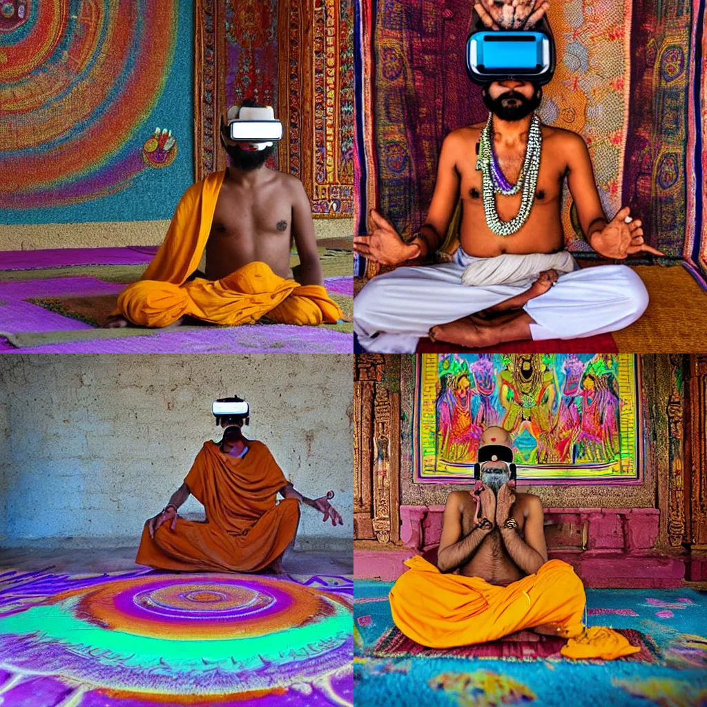 Prompt: An Indian Sadhu Saadhu wearing a cyberdelic psychedelic virtual reality headset sitting on a rug in a Dravidian temple using it to project bliss and peacefulness to passerby through psionic powers