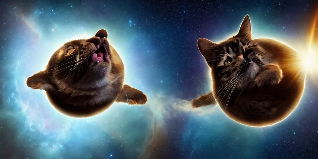 Image similar to a giant cat meowing at the earth planet, scifi, artstation, cosmos exploration, realistic photo, 4 k, photo by nasa, hubble telescope