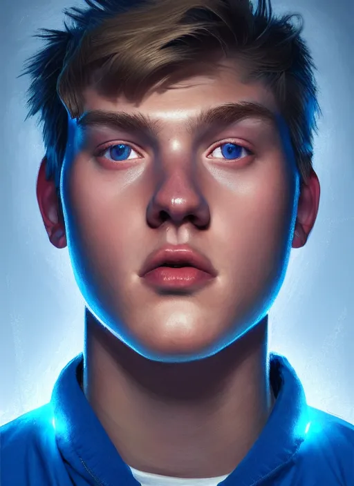 Image similar to portrait of high school senior boy named big moose, blonde short hair, jock, beefy, wide face, square jaw, square facial structure, blue varsity jacket with letter r, intricate, elegant, glowing lights, highly detailed, digital painting, artstation, concept art, sharp focus, illustration, art by wlop, mars ravelo and greg rutkowski