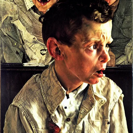 Image similar to high quality high detail painting by norman rockwell and lucian freud, hd, portrait of a dangerous psychopath, intense demonic look in the eyes, photorealistic lighting