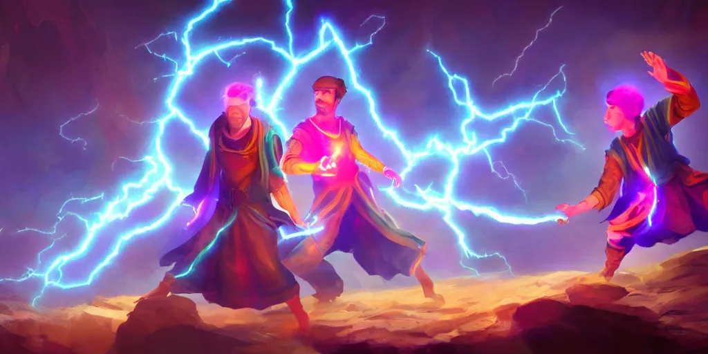 Image similar to a mage and his brother they are in front of the desk working on a new spell that is casting out flowing energy, colorful, flowing energy, light rays, consistent face, medium shot, waist up, sharp, concept art, highly detailed, bloom, dramatic lighting, cinematic